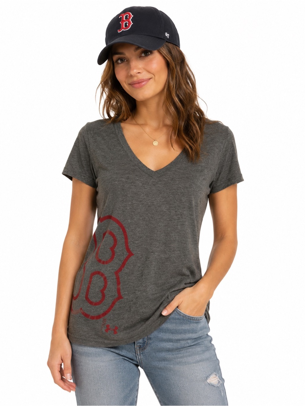 Under Armour Women’s V Neck Boston Red Soxs Tee in Medium Grey Sz M